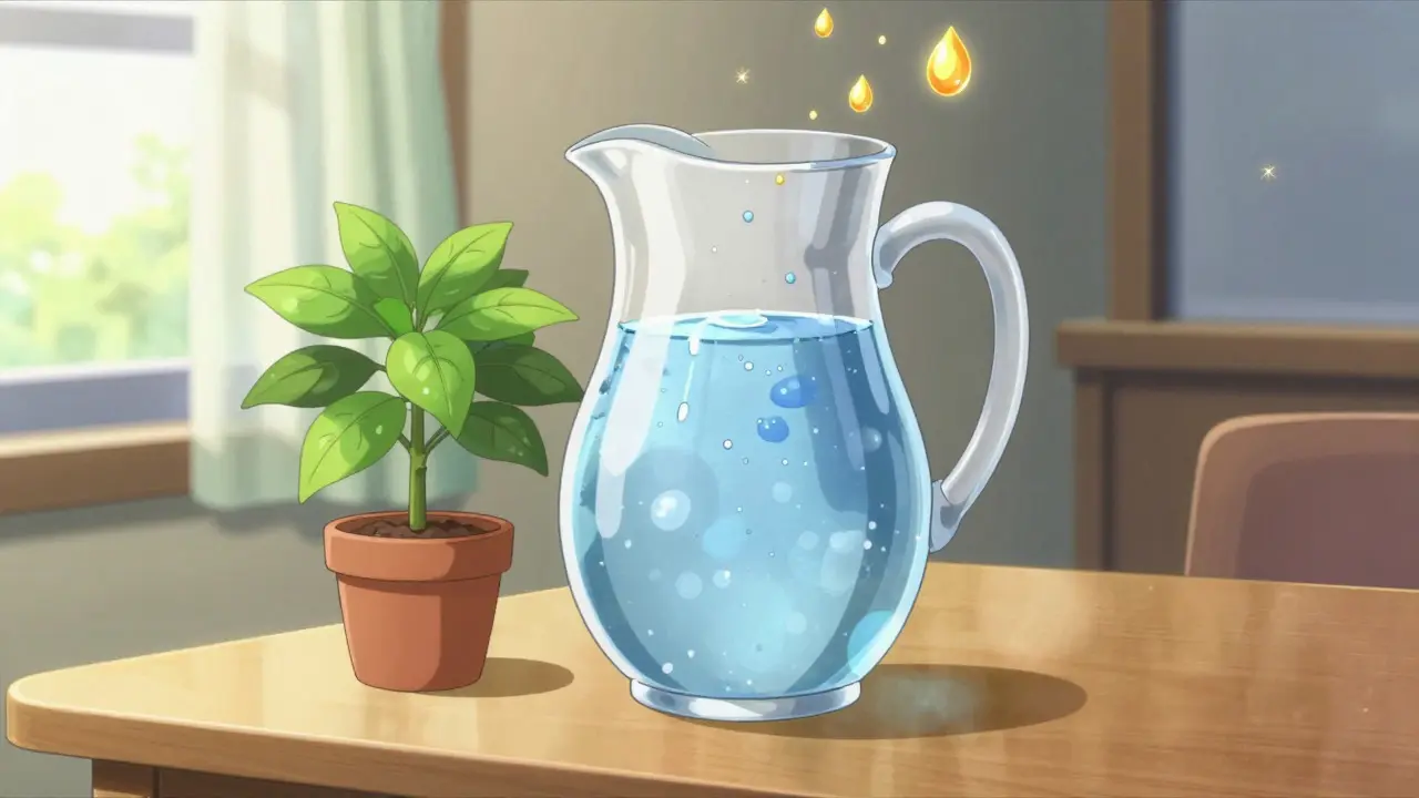 Sparkling water pitcher and healthy plant in sunlight