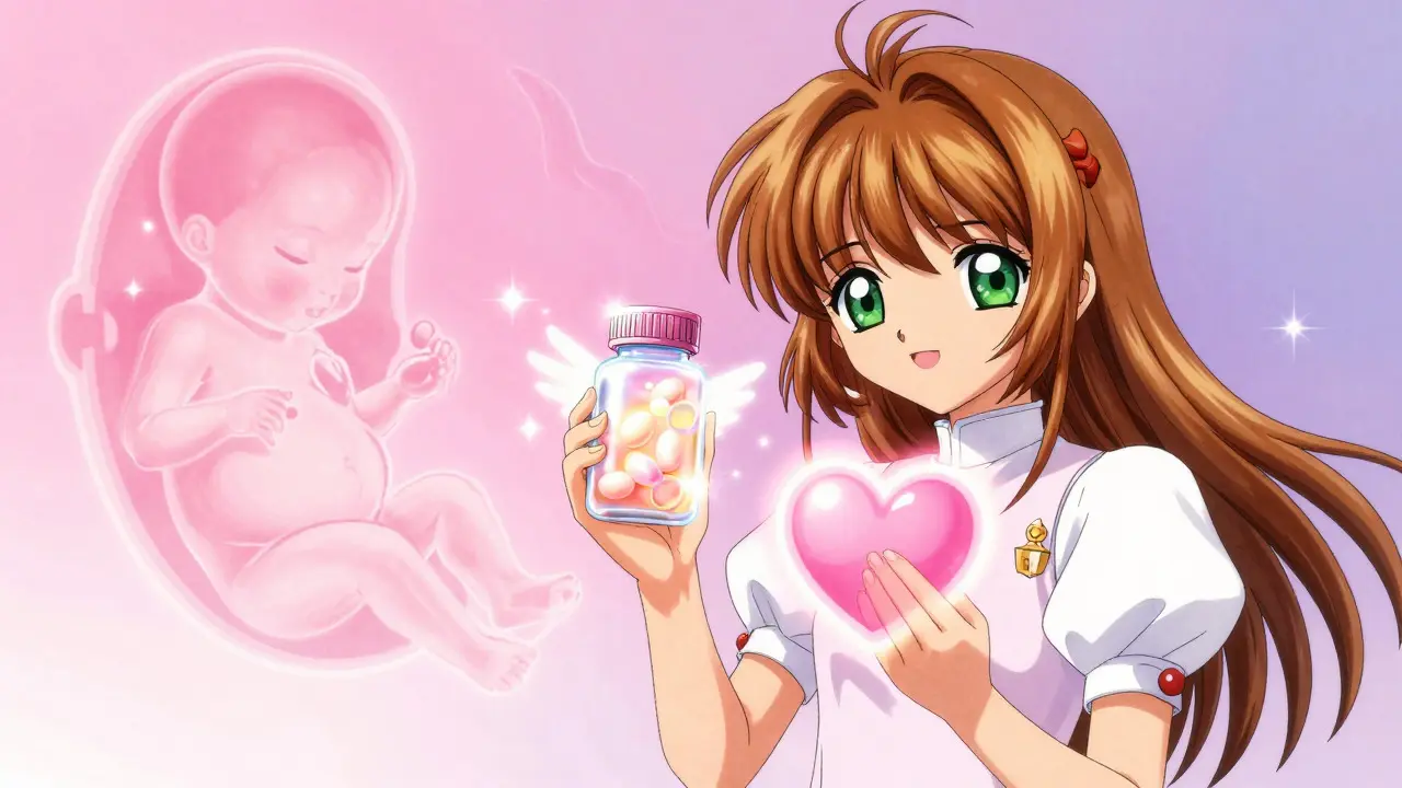 Woman holding supplements with a glowing protective aura in anime style
