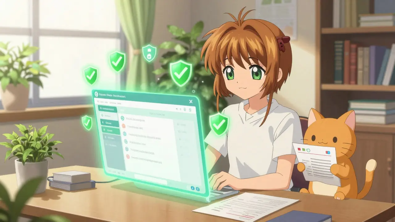 Young woman safely ordering medication online with magical security shields